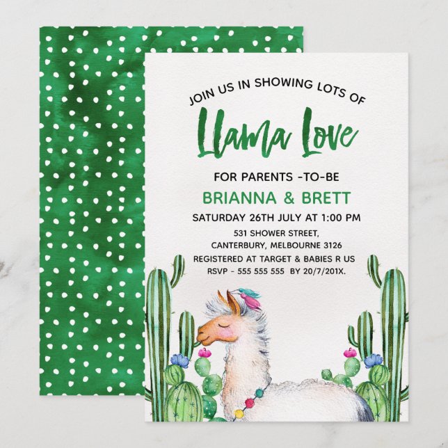 Inbjudan till Llama Cacus Watercolor Baby Shower (Fram/baksida)