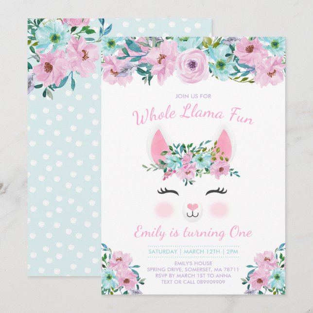 Inbjudan till Llama-födelsedagen Hela Llama-Roligt (Fram/baksida)