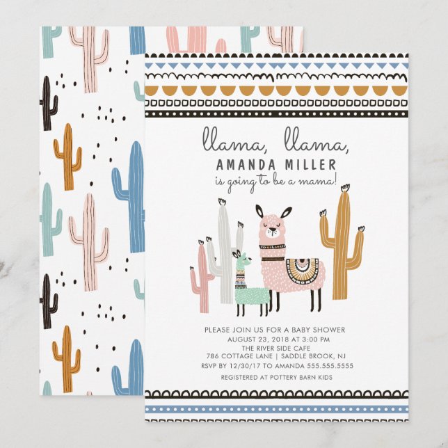 Inbjudan till Llama Mamma Baby Shower (Fram/baksida)