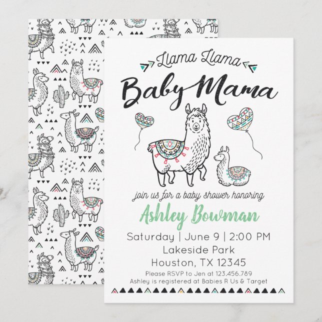 Inbjudan till Llama Mamma Baby Shower (Fram/baksida)