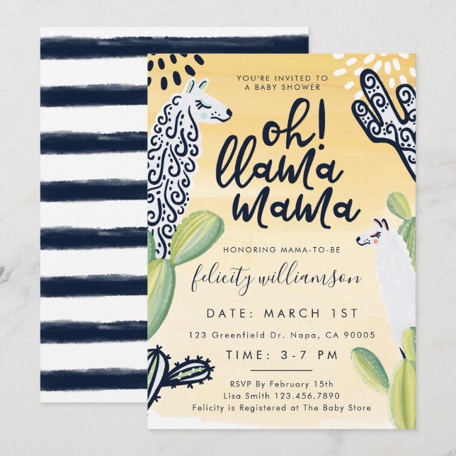 Inbjudan till Llama Mamma Kön Neutral Baby Shower (Fram/baksida)