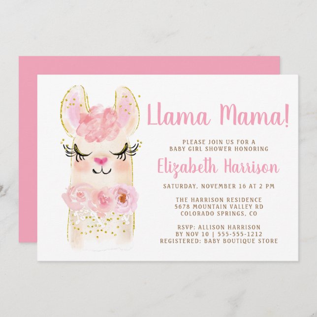 Inbjudan till Llama Mamma Rosa Baby Shower (Fram/baksida)