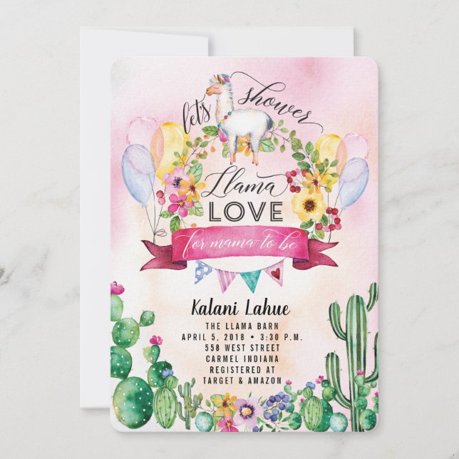 Inbjudan till Llama Party Watercolor Baby Shower (Framsida)