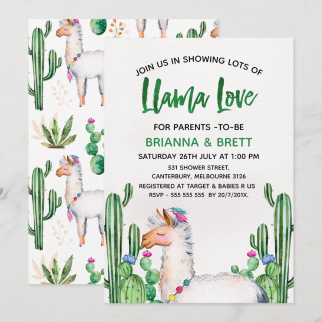 Inbjudan till Llama Watercolor Baby Shower (Fram/baksida)
