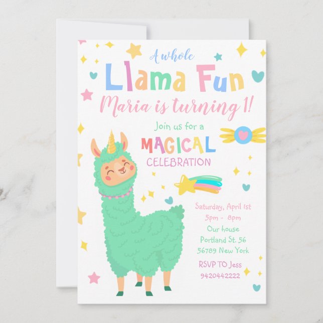 Inbjudan till Llamacorn Magic Llama Birthday (Framsida)