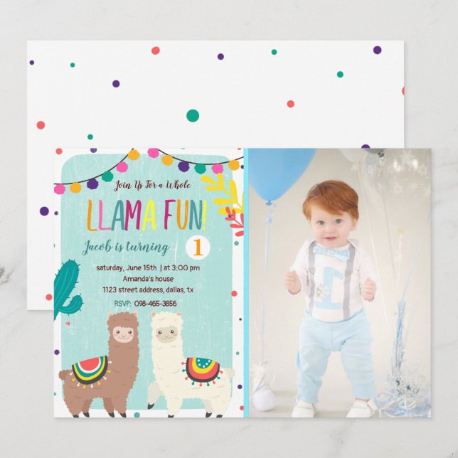 Inbjudan till Llamas Blue Birthday med foto (Fram/baksida)