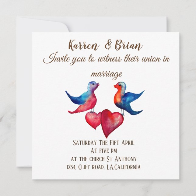 Inbjudan till love birds vattenfärgsfärgskonst (Framsida)