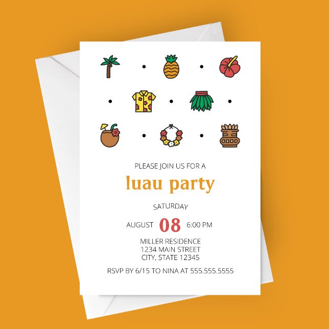 Inbjudan till Luau Line Icons Party (Luau Party Invitation | Minimalist Modern Luau Line Icons )