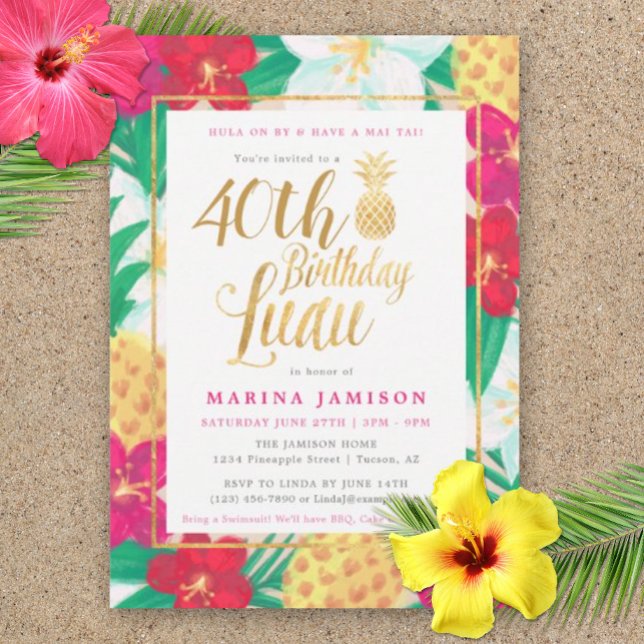 Inbjudan till Luau-partiet i guld på födelsedagen (40th Birthday Luau!  Tropical invitation sets the tone for a luscious luau party.)
