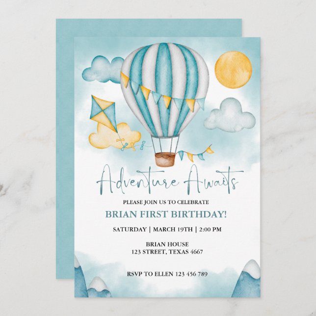 Inbjudan till Luftballong av vattenfärg på födelse (Fram/baksida)