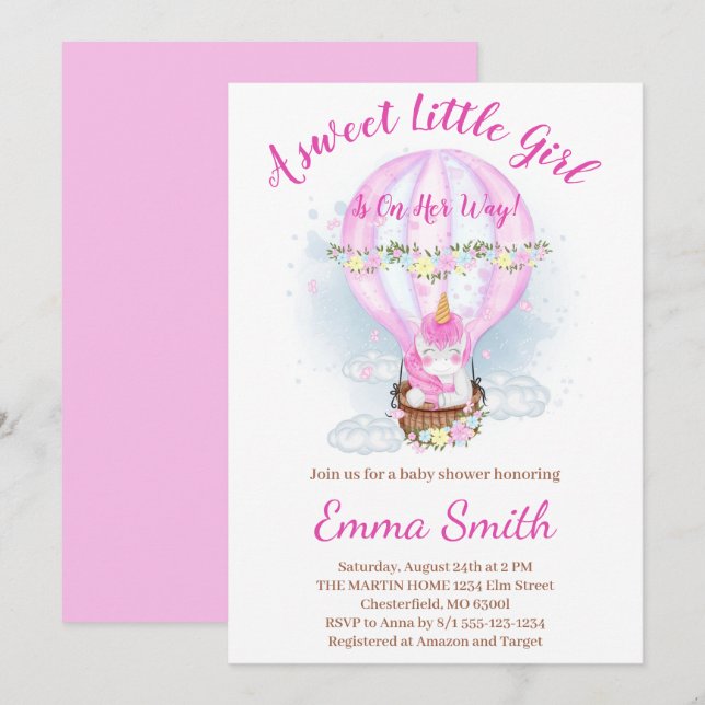 Inbjudan till luftballong Blommigt Unicorn Baby Sh (Fram/baksida)