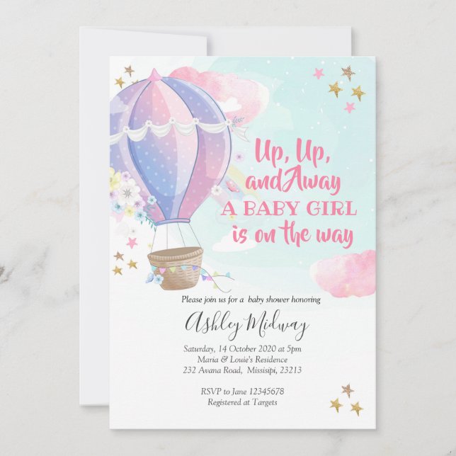 Inbjudan till luftballong Girl Baby Shower (Framsida)