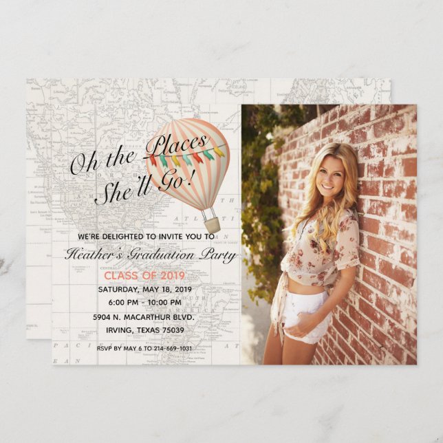 Inbjudan till luftballong Girl Studenten (Fram/baksida)