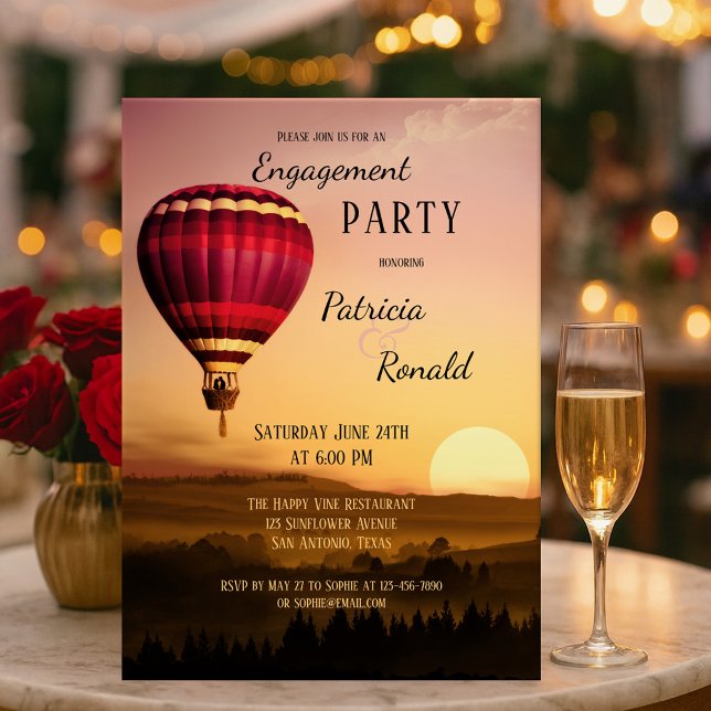 Inbjudan till luftballongens solnedgång Förlovning (Romantic engagement party invitation featuring a hot air balloon over a dreamy landscape at sunset. )