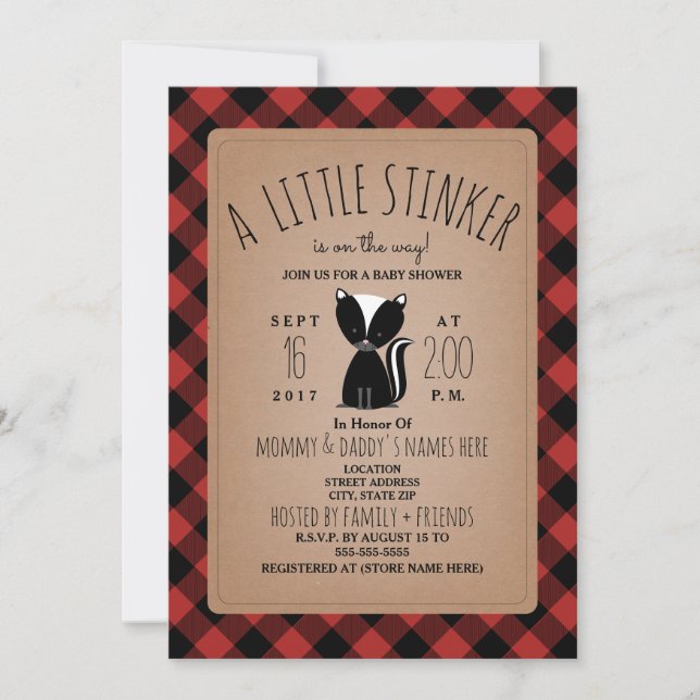Inbjudan till Lumberjack Play Skunk Baby Shower (Framsida)