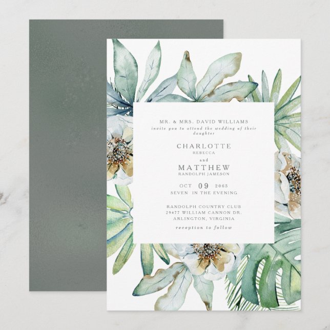 Inbjudan till Lush Tropical Foliage Sage Wedding (Fram/baksida)