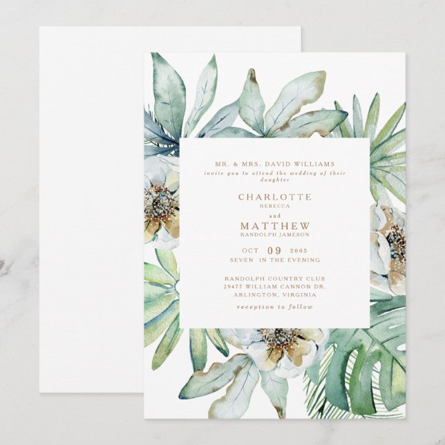 Inbjudan till Lush Tropical Foliage White Wedding (Fram/baksida)