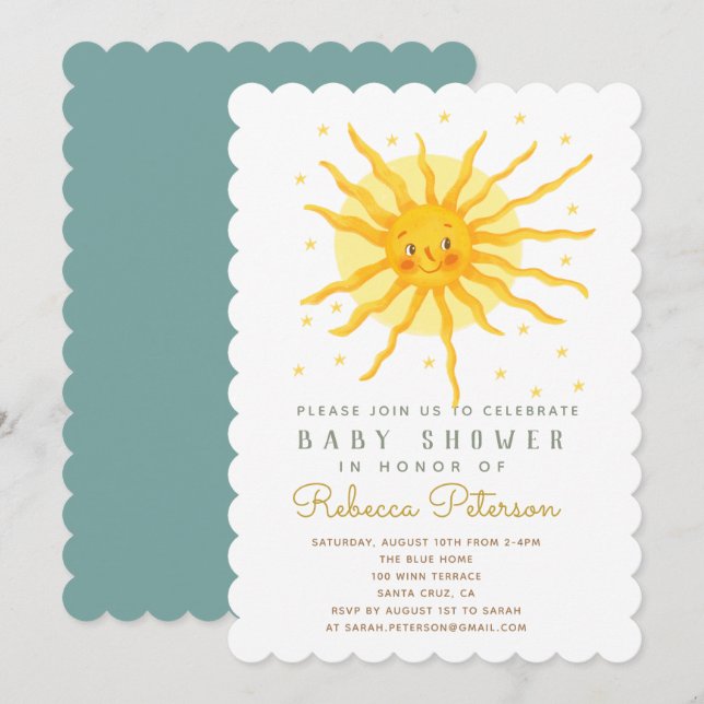 Inbjudan till Lycklig Gult Sunshine Baby Shower (Fram/baksida)