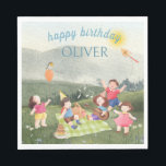 Inbjudan till lycklig Picnic Editable Birthday Kid Pappersservett<br><div class="desc">Den här roligtens och den söta flickans födelsedagskalender har en glatt picknick omgiven av natur, färskt luft och soligt himlar. Vi ser barn leka, en kitflygning, en ballong, en tårta, en gitarr, en picknick basket och en liten fågel sitta på en ballong. Se resten av samlingen, som även innehåller hämtningsbara...</div>