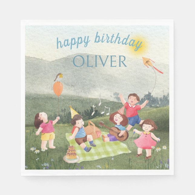 Inbjudan till lycklig Picnic Editable Birthday Kid Pappersservett (Framsidan)