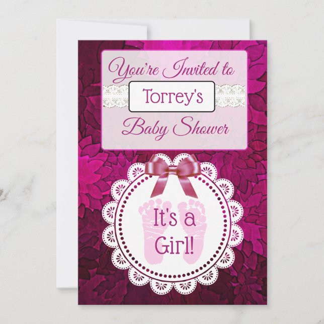 Inbjudan till magenta Footprint Girl’s Baby Shower (Framsida)