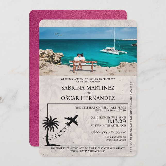 Inbjudan till magenta Rosa Aruba Passport Wedding (Fram/baksida)