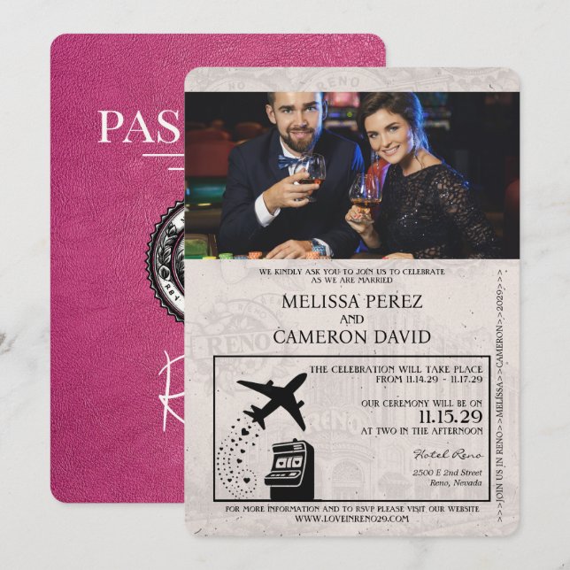 Inbjudan till magenta Rosa Reno Passport Wedding (Fram/baksida)