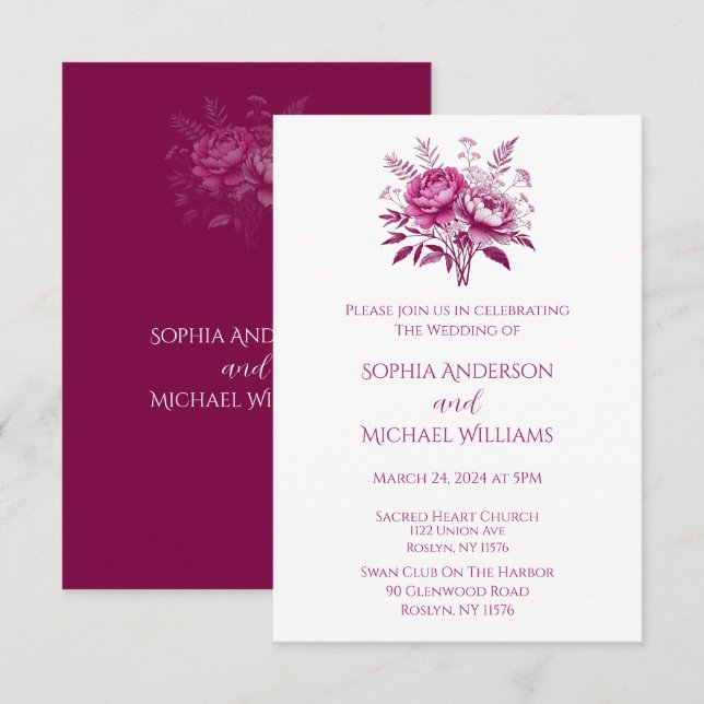 Inbjudan till Magentan Peony-Bröllop tema för vatt (Fram/baksida)