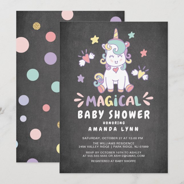 Inbjudan till Magic Baby Shower Unicorn i kalkboar (Fram/baksida)