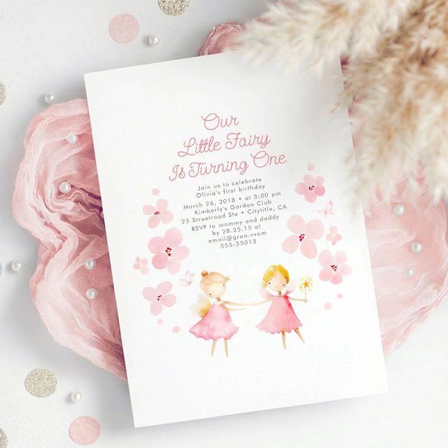 Inbjudan till Magic Fairy Birthday (Little Fairy Pink Floral Cute Whimsical 1st Birthday Invitation to Celebrate Baby Girl)
