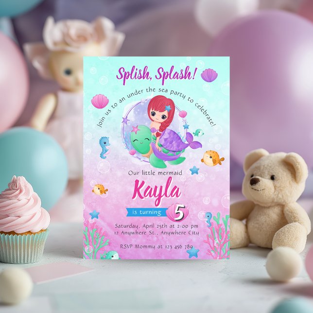 Inbjudan till magisk Sjöjungfru på födelsedagen (Mermaid Birthday Invitation)