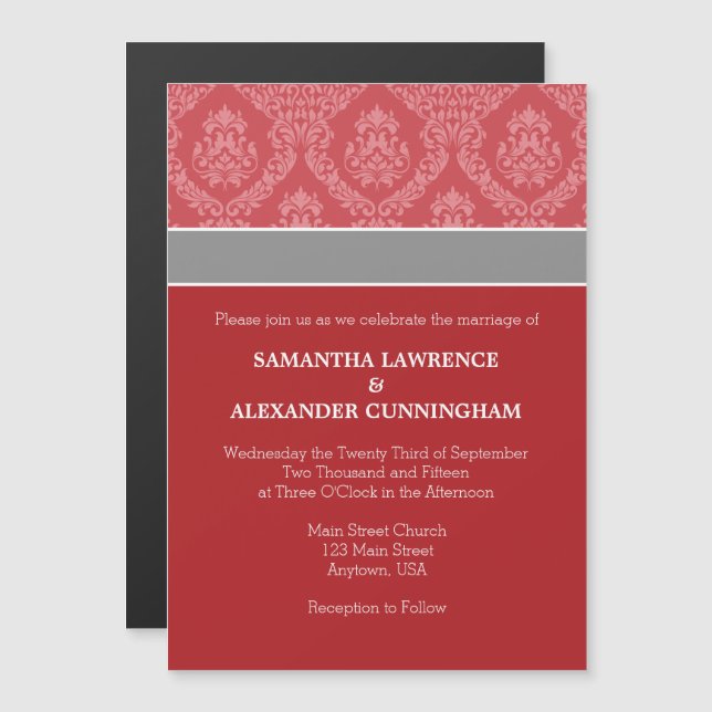 Inbjudan till Magnetic Wedding i Röd Damask Magnetisk Inbjudningskort (Fram/baksida)