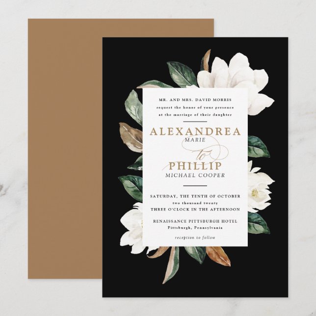 Inbjudan till Magnolia Wedding | Svart (Fram/baksida)