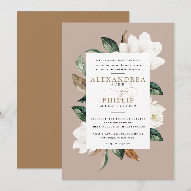 Inbjudan till Magnolia Wedding | Tan (Fram/baksida)