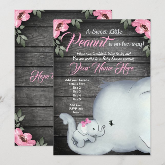 Inbjudan till mamma Elephant Baby Shower, rustik (Fram/baksida)