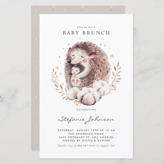 Inbjudan till mamma och Baby Hedgehog Baby Brunch (Fram/baksida)