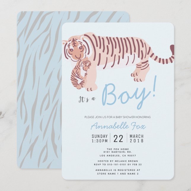 Inbjudan till Mamma Tiger & Unge Blue Boy Baby Sho (Fram/baksida)