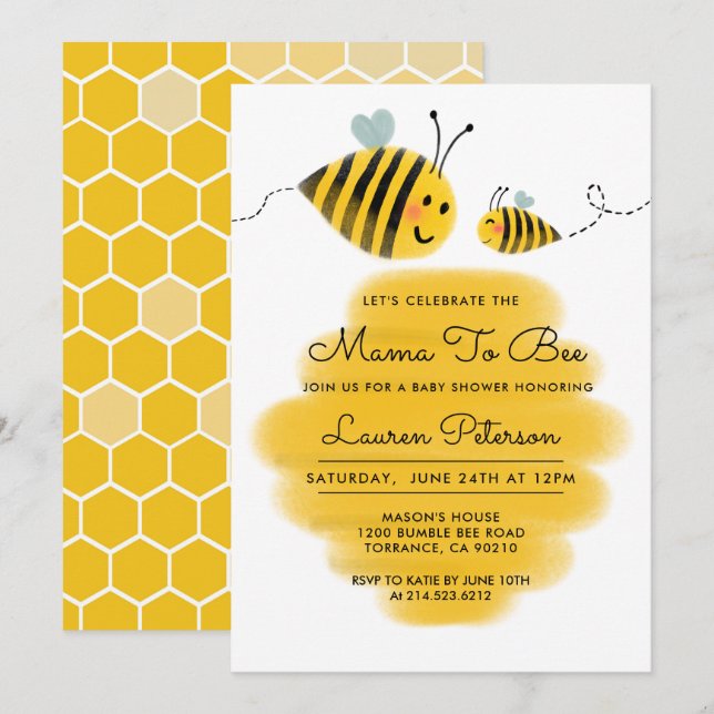 Inbjudan till mamma till Bee Baby Shower | Humla (Fram/baksida)