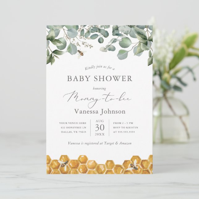 Inbjudan till mamma till Bee Greenery Baby Shower (Stående Fram)