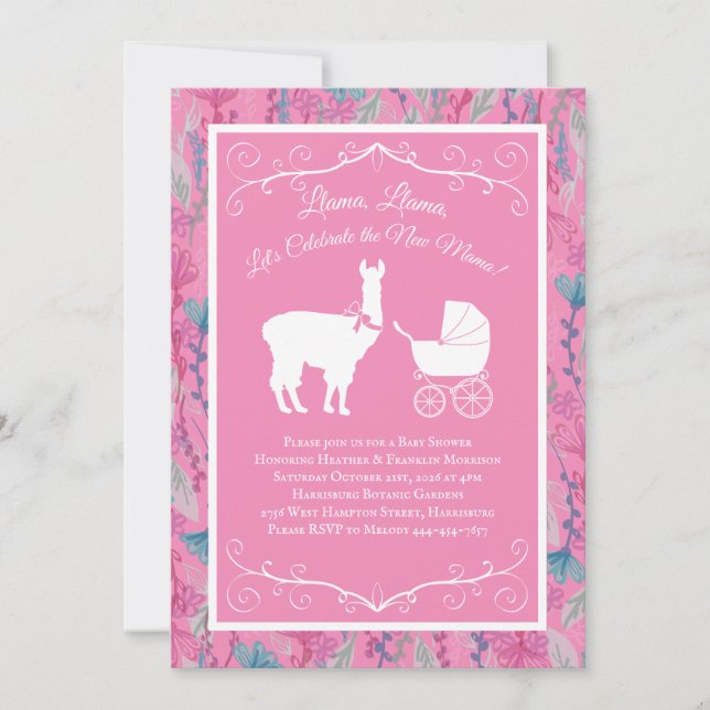 Inbjudan till Mamman Llama Baby Shower Cute Rosa G (Framsida)
