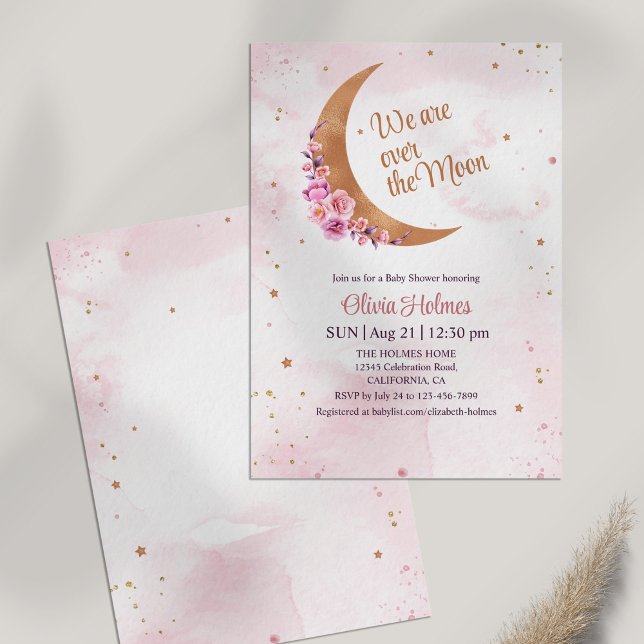 Inbjudan till Måne-babyskor med gyllene Blommigt (Golden Floral Moon Baby Shower Invitation on white table)