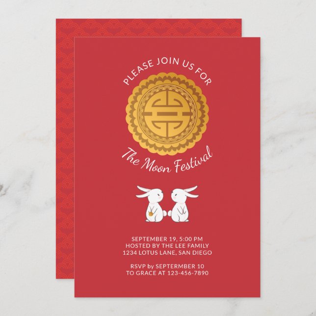 Inbjudan till Måne-festival för månkaka, kanin (Fram/baksida)