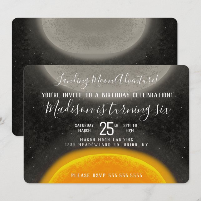 Inbjudan till måne Space Galaxy Birthday Hand ploc (Fram/baksida)