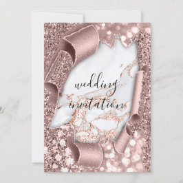 Inbjudan till Marble 3D Ro Guld Bröllop Glitter