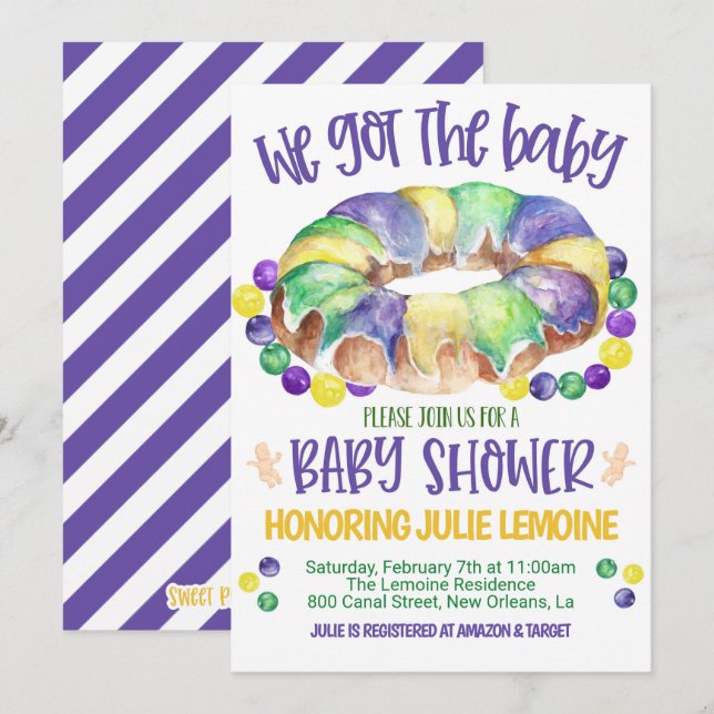 Inbjudan till Mardi Gras Baby Shower (Fram/baksida)