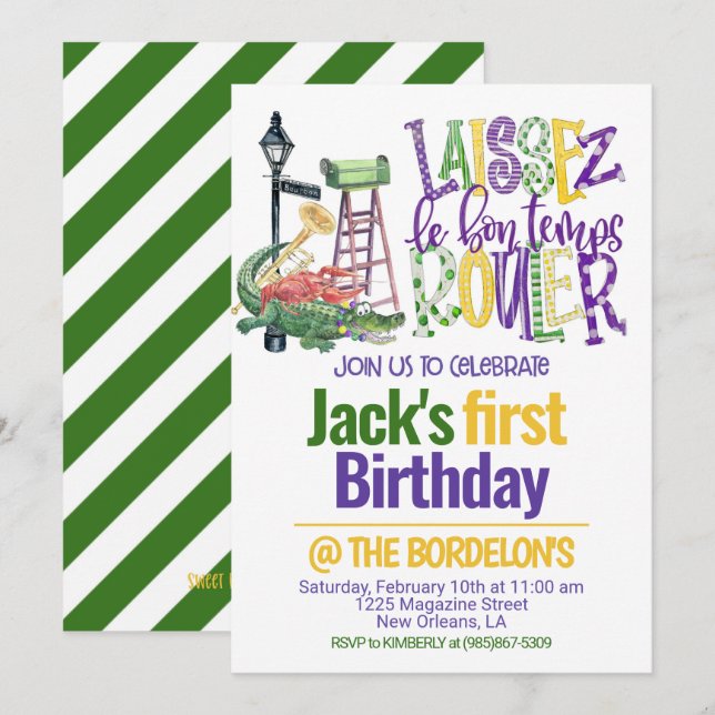 Inbjudan till Mardi Gras Birthday (Fram/baksida)
