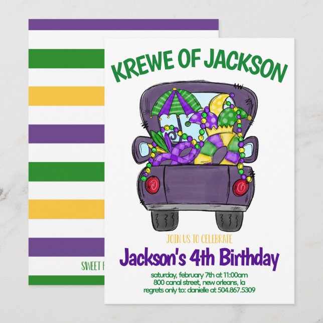 Inbjudan till Mardi Gras Birthday (Fram/baksida)