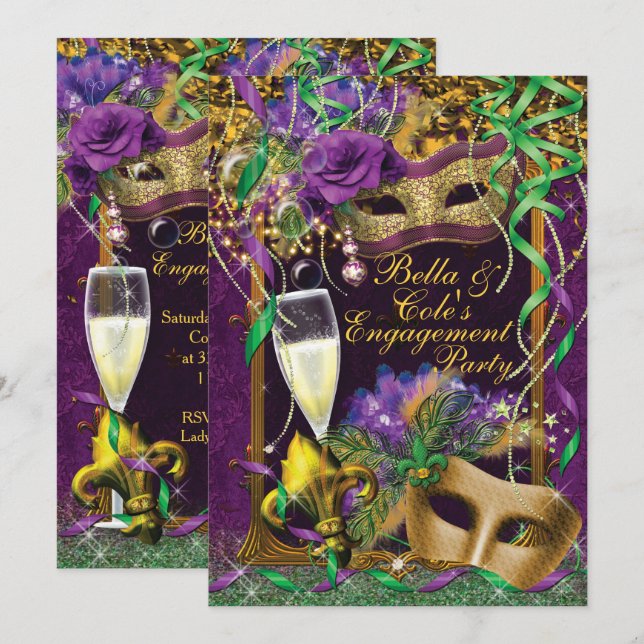 Inbjudan till Mardi Gras Förlovningsfest (Fram/baksida)