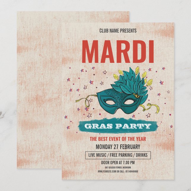 Inbjudan till Mardi Gras Party (Fram/baksida)