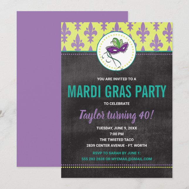Inbjudan till Mardi Gras Party (Fram/baksida)